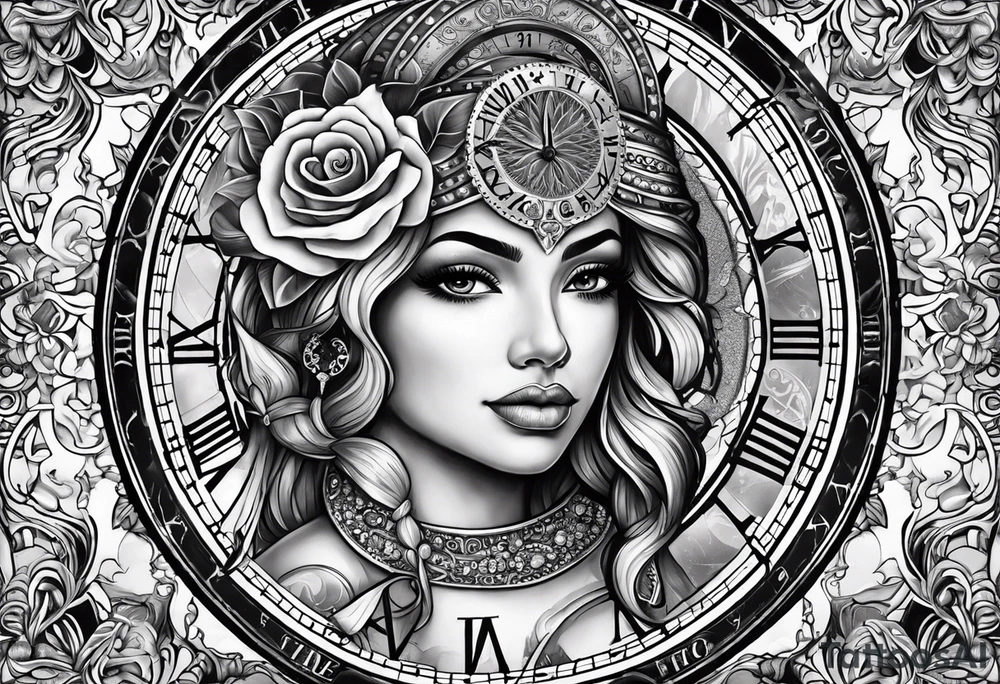 Hispanic/ Latin goddess, love, forgiveness, strength, peace, cancer sign , time, past, future, clock tattoo idea