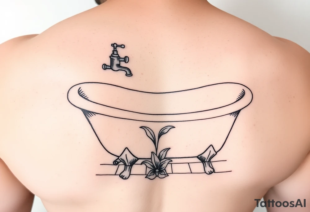 clawfoot bathtub with simple faucet and lily coming up out of the tile floor tattoo idea