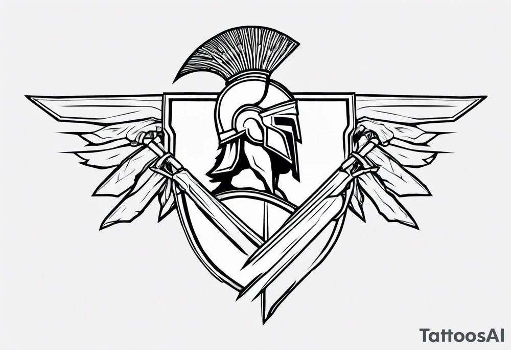 rectangular landscape format ultra-fine line linework vector of a spartan from the side, spartan spear, spartan shield, laurel wreath tattoo idea
