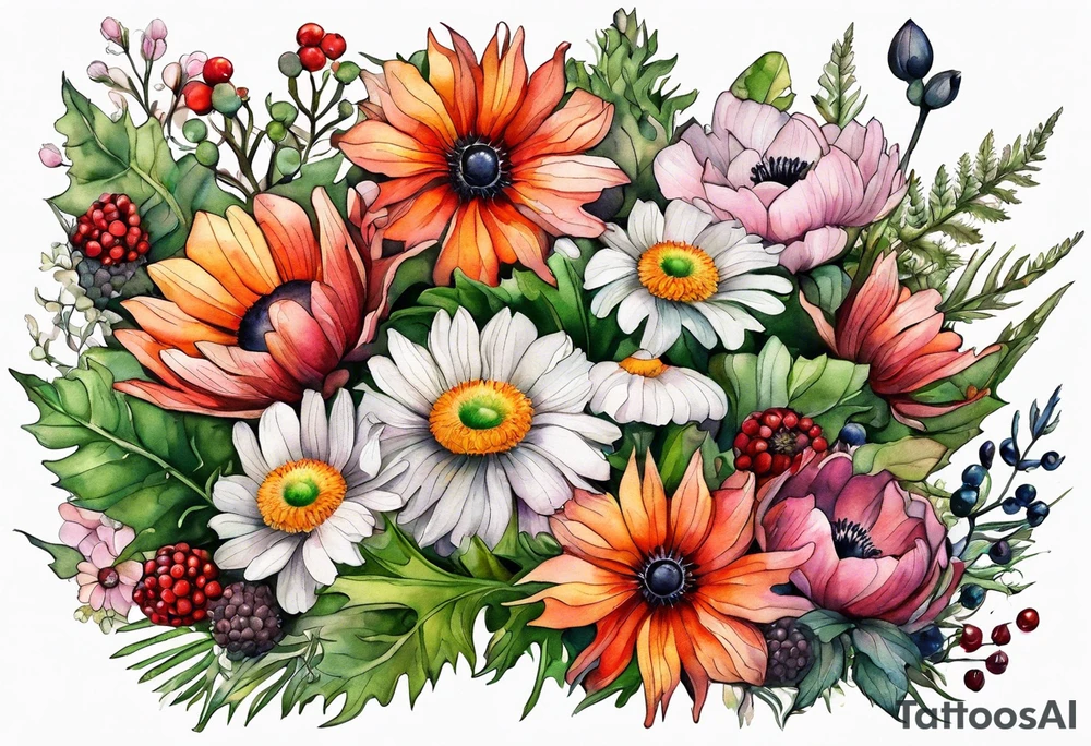 wildflowers with thistles, ferns, white anemones, sun flowers, orange flowers, green flowers, pink flowers, red flowers, berries and all in watercolor tattoo idea
