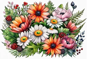 wildflowers with thistles, ferns, white anemones, sun flowers, orange flowers, green flowers, pink flowers, red flowers, berries and all in watercolor tattoo idea