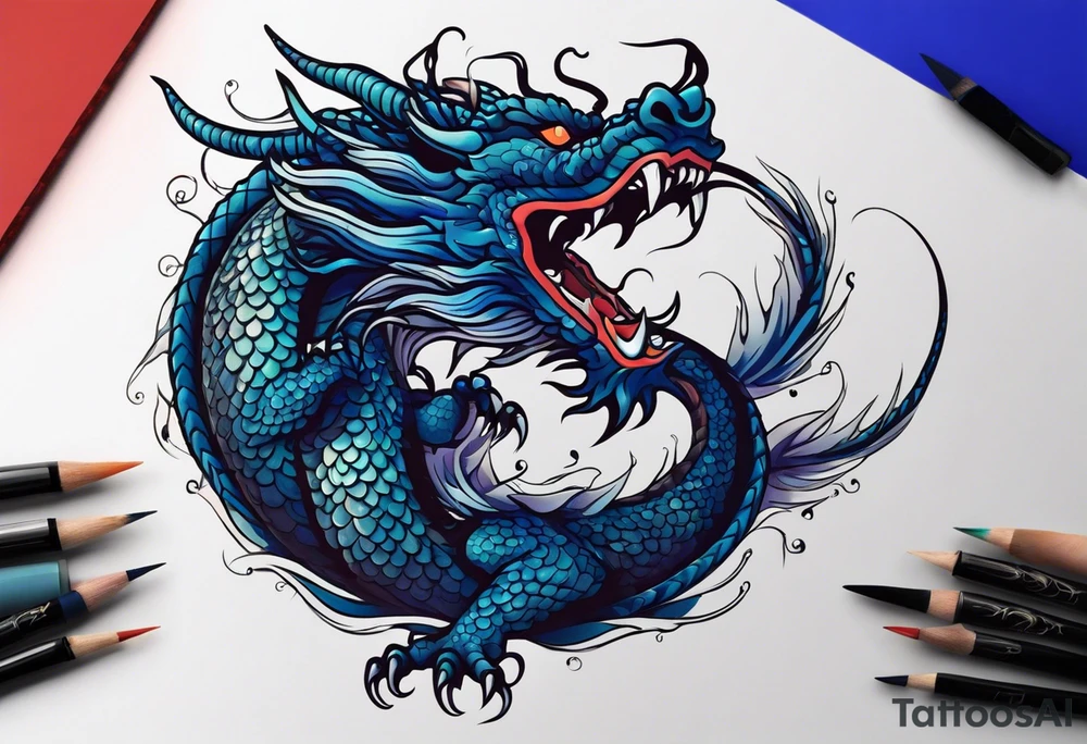 An epic floating asian dragon. Its long body coiling dynamically, with scales and horns detailed to create a sense of movement and strength. The dragon's main color is midnight blue, giving a vibrant depth and a mystical aura. This tattoo highlights the dragon’s fierce expression and sharp claws. tattoo idea