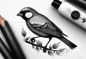 “Generate a simple tattoo design of a finch, showcasing its distinctive shape and a few delicate leaves to enhance the composition.” tattoo idea