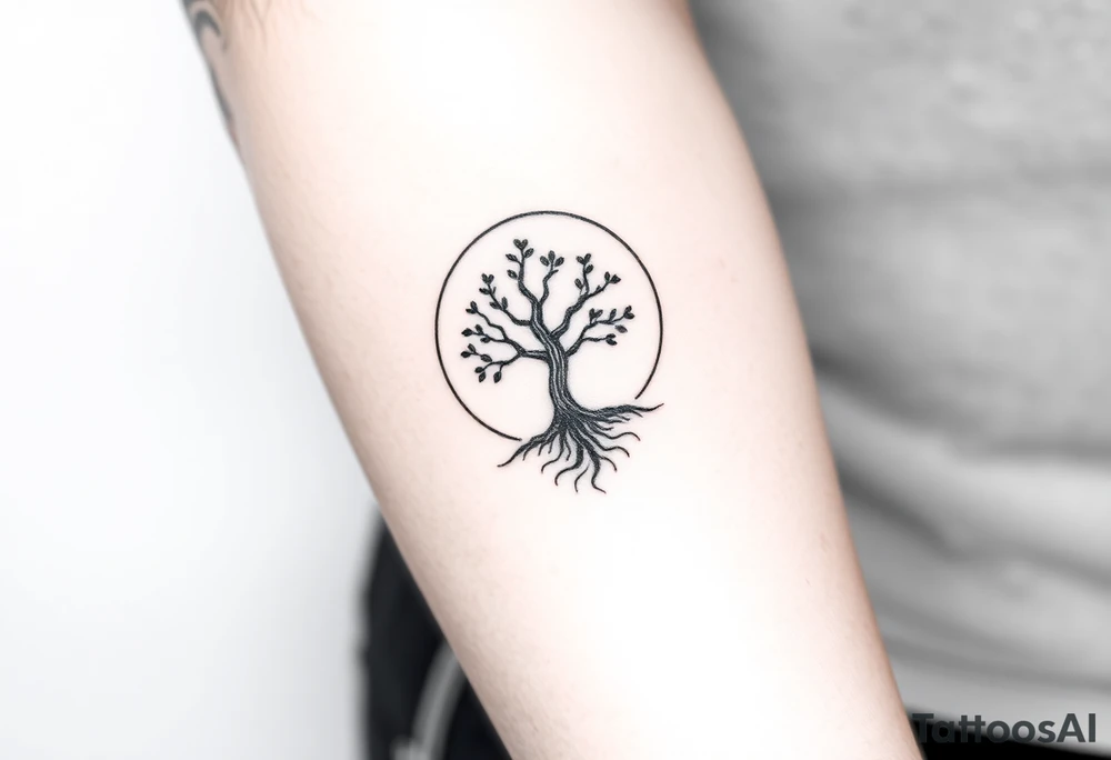 A tree inside of the sun, with little leaves, with an outward spiral line (moving to the right), as its roots. tattoo idea
