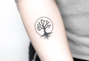 A tree inside of the sun, with little leaves, with an outward spiral line (moving to the right), as its roots. tattoo idea