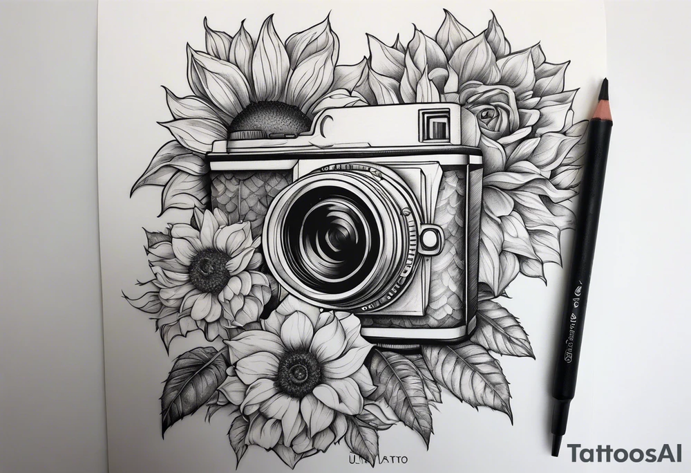 Sunflower, camera, book, owl, flower rose tattoo idea