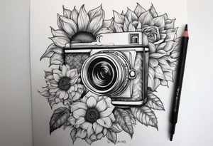 Sunflower, camera, book, owl, flower rose tattoo idea