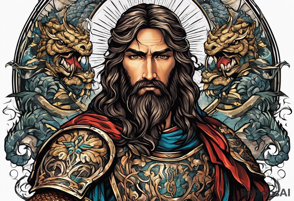 Almighty powerful Jesus in his indestructible armor and using his sword to cut off the three-head Serpent heads tattoo idea