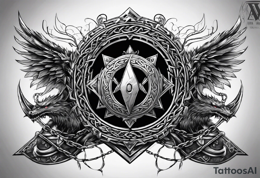 Valhalla sword shield dragon axe Valknut barbed wire chains tattoo idea