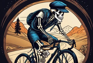 Lifelike skeleton wearing licra and cap rides a road bicycle. The skeleton is grinning at the viewer and holding a cookie in its left hand tattoo idea