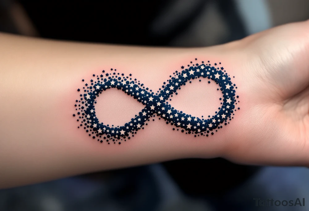 An infinity symbol made of tiny stars, fading from bright white to deep navy blue, creating a dreamy effect. tattoo idea