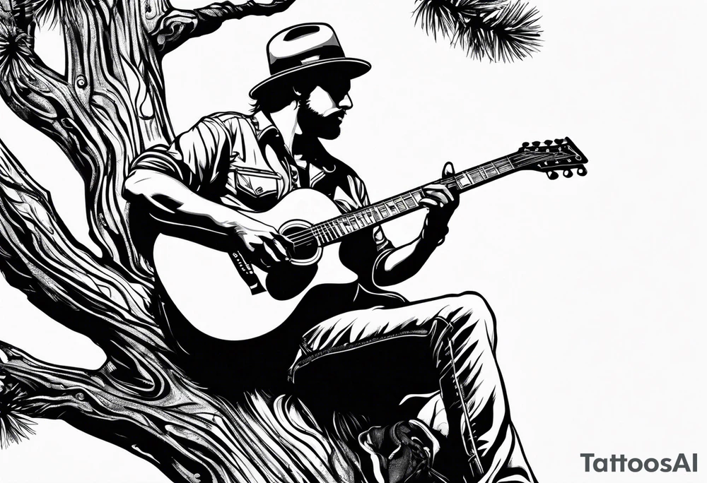silhouette of a man sitting in a pine tree playing electric guitar tattoo idea