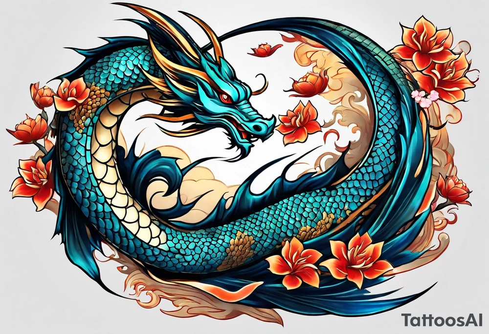 I'm seeking a tattoo design that combines the majestic imagery of dragons with the graceful beauty of koi fish. The dragons should represent strength, power, and resilience, while the koi fish symbolize perseverance and the ability to overcome adversity.

I envision a scene where the dragons and koi fish are intertwined, perhaps in a dynamic pose that suggests movement and determination. The dragons could be depicted in a fierce yet elegant manner, with intricate details such as scales and flowing mane-like features. Meanwhile, the koi fish should exude a sense of fluidity and grace, swimming fearlessly alongside the dragons.

In terms of composition, I'd love for the dragons and koi fish to interact harmoniously, perhaps with the dragons offering protection or guidance to the koi fish as they navigate turbulent waters. Elements like swirling waves or cascading waterfalls could further enhance the symbolism of overcoming obstacles.

Overall, I'm looking for a design that is both visually striking and meaningful, capturing the essence of strength and resilience in the face of challenges. I'm open to artistic interpretations and creative flourishes that bring this concept to life in a unique and compelling way tattoo idea