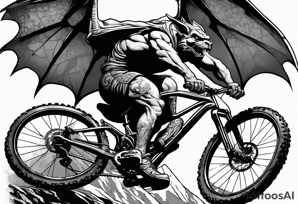 gargoyle riding a full suspension mountain bike with a shadow no background tattoo idea