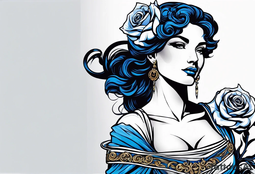 ancient rome clothes women, with svale in one hand blue rose frames, justicia tattoo idea
