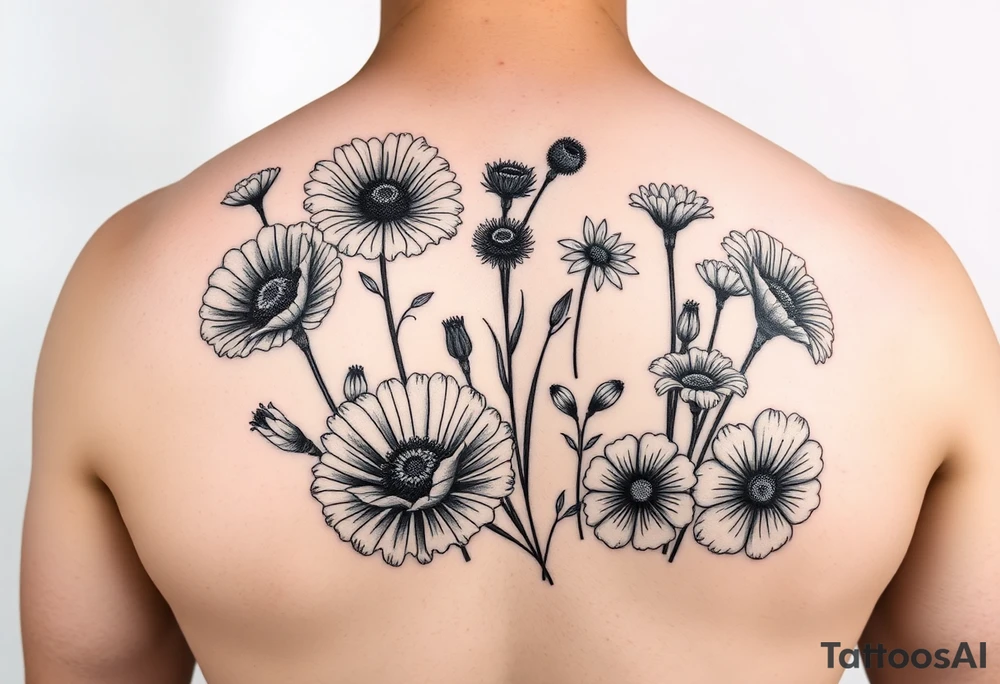 Create an image of an upper arm tattoo (from shoulder cap to just above the elbow) comprised of California poppies, California blackberries, gray’s lupine, marsh marigold, Indian paintbrush, one daisy, and an orange and orange blossom tattoo idea