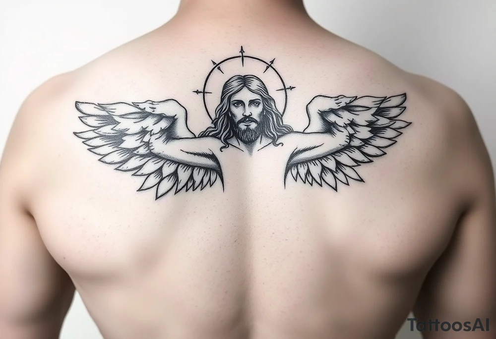 magestic christ with clouds wings black and white tattoo idea