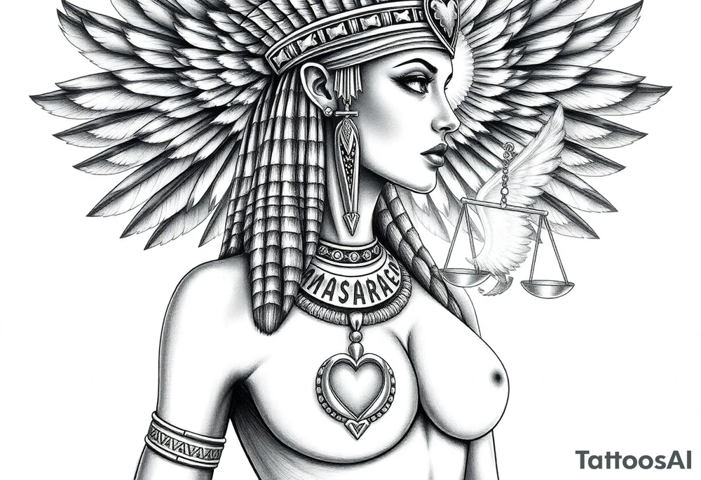 Beautiful Egyptian goddess with a curvy body and breasts showing. She is wearing an ostrich feather headdress, and intricate ancient Egyptian jewelry the Anhk necklace. Background includes something similar to heaven. Incorporate the Scales of Justice—one side holding a heart, the other Ma’at’s feather—glowing with ethereal energy. Emphasize dramatic lighting, deep shadows, and surreal, mystical atmosphere tattoo idea