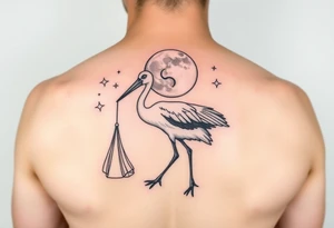 Stork carry bundle towards moon, stars tattoo idea