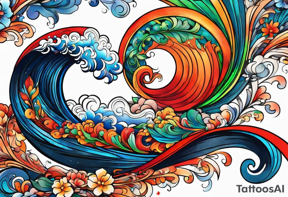 wide swirl of red, blue, orange, green tattoo idea