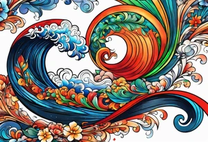 wide swirl of red, blue, orange, green tattoo idea