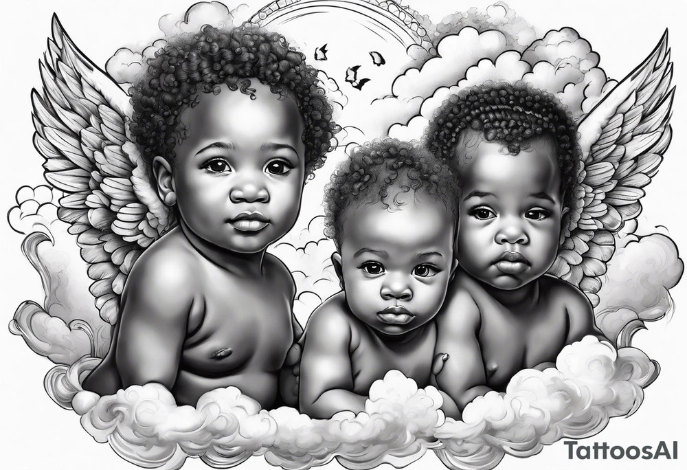 multiple african american baby angels with clouds in the background tattoo idea
