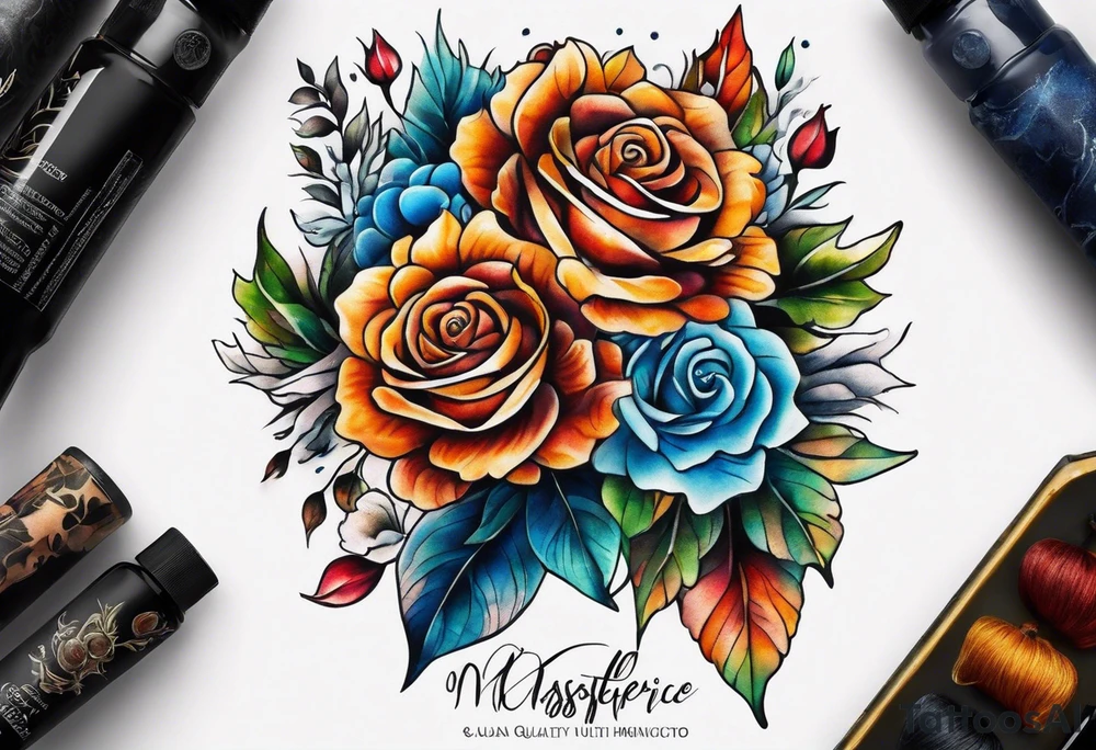Front knee tattoo with fall colors, small flowers, rose, leaves, blue water flows with washes and background tattoo idea