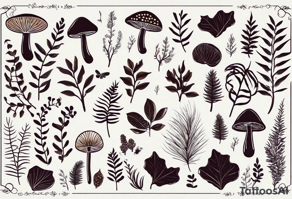 minimalistic forest floor inspired tattoo, which includes grass, moss, curly ferns and dead leaves as the bulk of the tattoo. details to include: forest berries, couple of very small brown mushrooms, a tiny bumblebee flying nearby tattoo idea