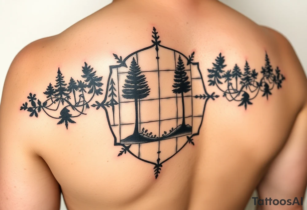 inspiration: my childhood home had an arrangement of tiles in the formation of golden ratio. use this to create a tattoo for me with NO COLOURS using the idea of tiles and golden ratio. placement on upper outer arm or top of bicep so not too big. give me a range of ideas (including some without using tiles, and just the golden ratio). I want to symbolise how nature is made from golden ratio. also give ideas including trees as my garden had this arrangement surrounded by trees tattoo idea
