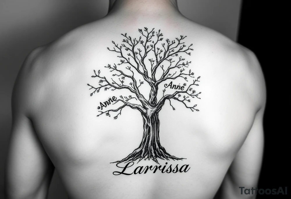 the name, Anne, Jessy
 on a live tree the name Larissa under the tree tattoo idea