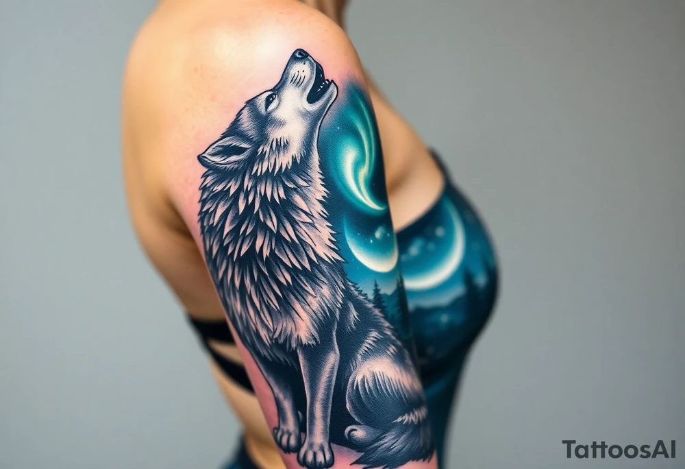 lone wolf howling at full moon with northern lights backdrop tattoo idea