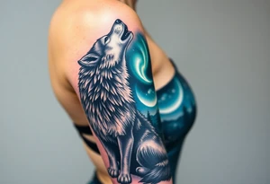 lone wolf howling at full moon with northern lights backdrop tattoo idea