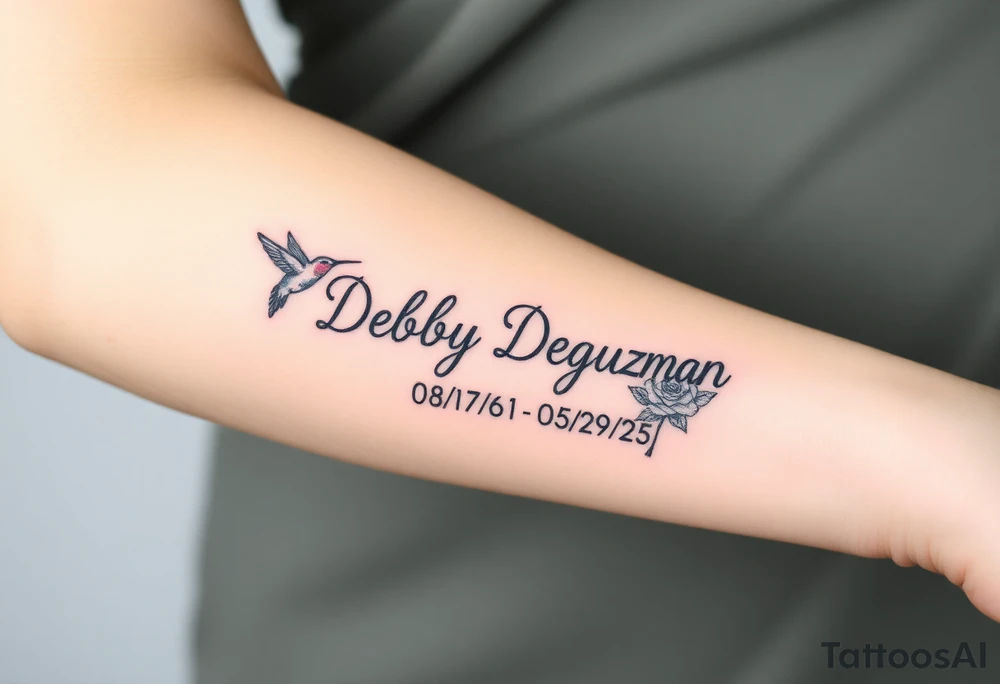 Tattoo of the exact name Debby Deguzman in chunky curly cursive with the exact dates of 08/17/61-05/29/25 surrounded by 1 hummingbird and 1 rose tattoo idea