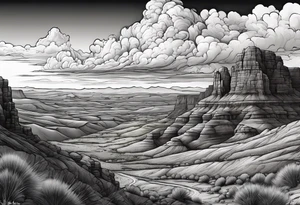 renaissance style Colorado plateau and valley with supercell cloud that captures vast aesthetic tattoo idea