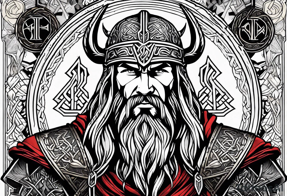 Thor with Viking runes in the background as a vignette tattoo idea