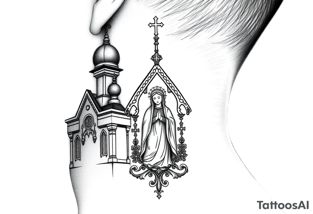 medium traditional russian orthodox church with russian coat arms and virgin mary on the side of your neck tattoo idea