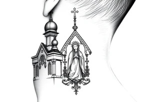 medium traditional russian orthodox church with russian coat arms and virgin mary on the side of your neck tattoo idea