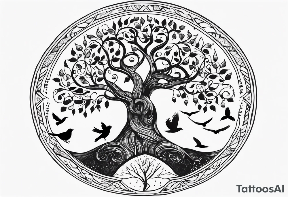 Tree of life with birds, birthdate tattoo idea