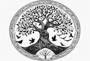 Tree of life with birds, birthdate tattoo idea