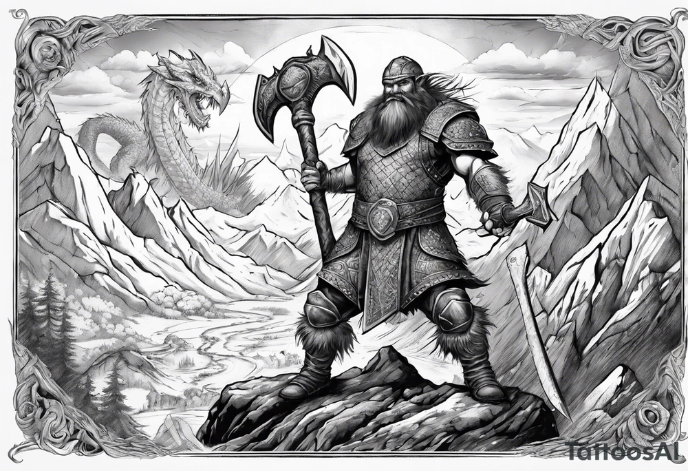 dwarven warrior with a war axe fighting against a dragon in the mountains as the sun is rising tattoo idea