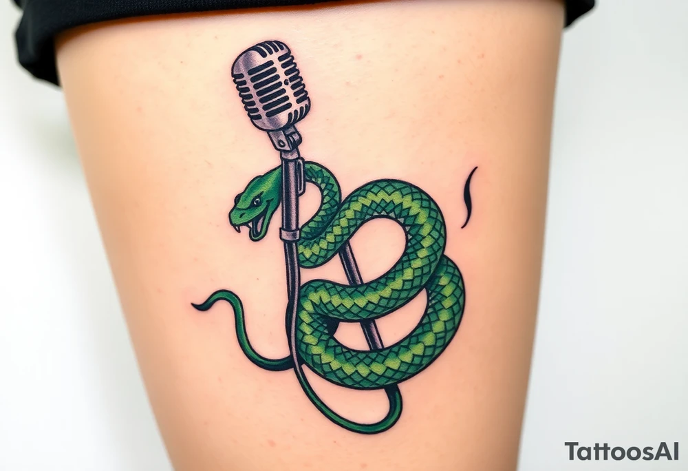 A serpent coiled around a microphone stand, with shades of green and black, representing temptation and rebellion tattoo idea