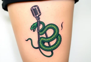 A serpent coiled around a microphone stand, with shades of green and black, representing temptation and rebellion tattoo idea