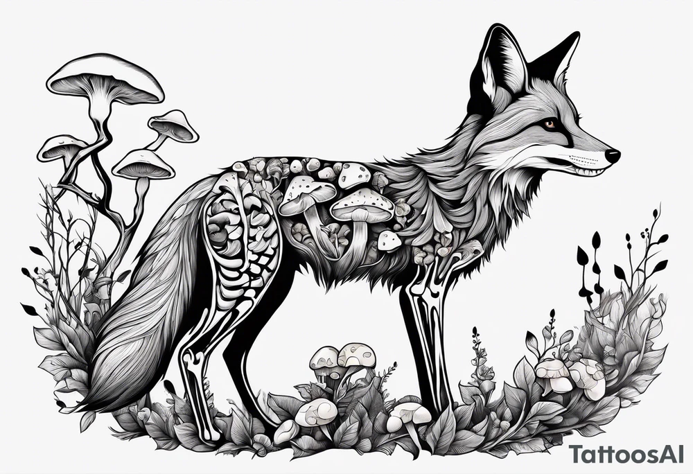 Dear fox skeleton with mushrooms growing out of it tattoo idea