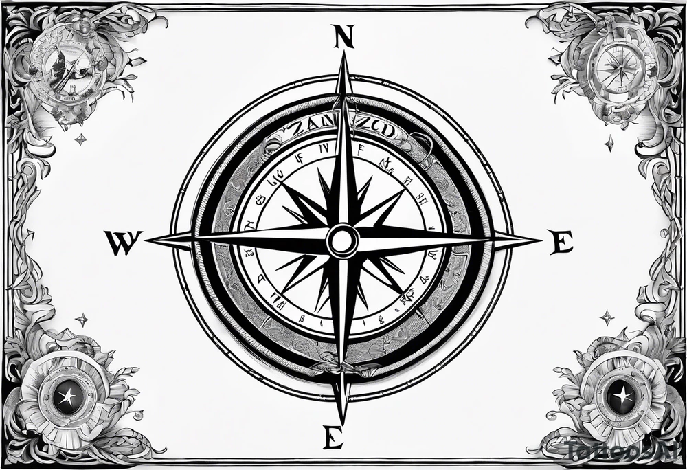 Nautical compass with New Zealand map outline behind it with wrap around rope and southern cross tattoo idea