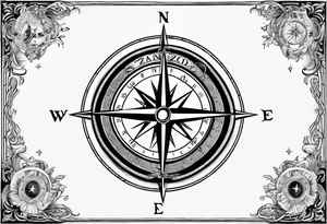 Nautical compass with New Zealand map outline behind it with wrap around rope and southern cross tattoo idea