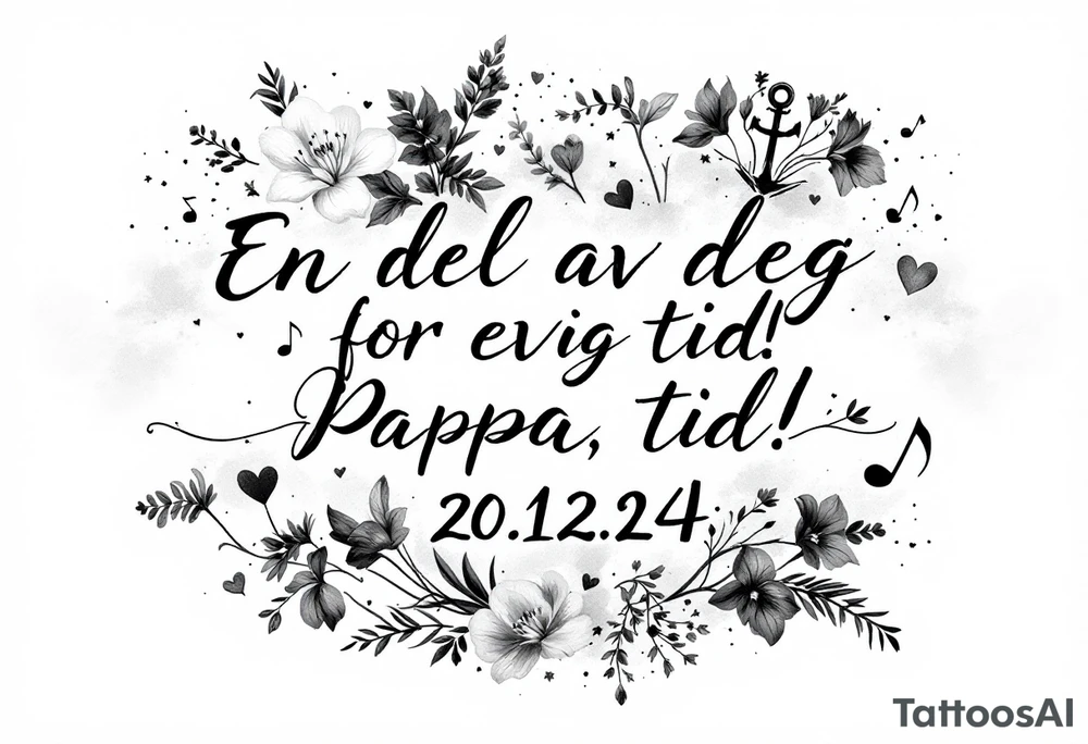 Quote in two rows; En del av deg for evig tid! Pappa, 20.12.24. Surround the quote with gladioluses, hearts, music notes and an anchor. Makes the tattoo small tattoo idea