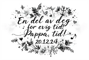 Quote in two rows; En del av deg for evig tid! Pappa, 20.12.24. Surround the quote with gladioluses, hearts, music notes and an anchor. Makes the tattoo small tattoo idea