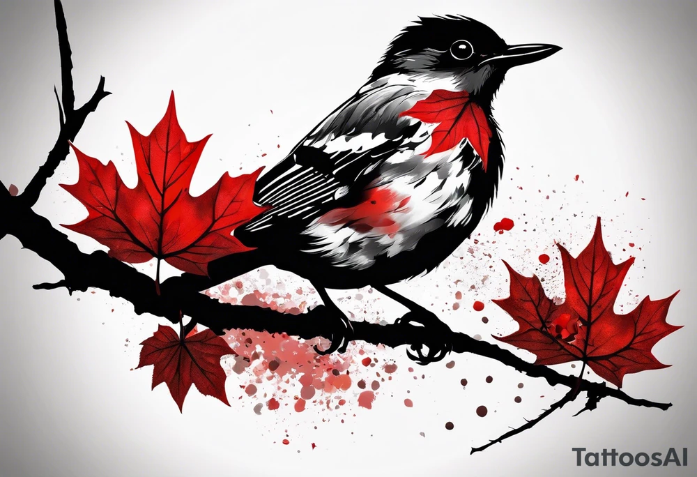 trash polka style. Arm tattoo. chest tattoo. Long tattoo. large tattoo. Full sleeve. Shoulder. A single large maple tree with red autumn leaves that branches upwards from wrist to shoulder. White-throated dipper bird on the trees branches. Calluna flowers at the base of the trees stem. Tree stem has dark colors. Red/yellow sunset behind the trees stem. Leaves falling. tattoo idea