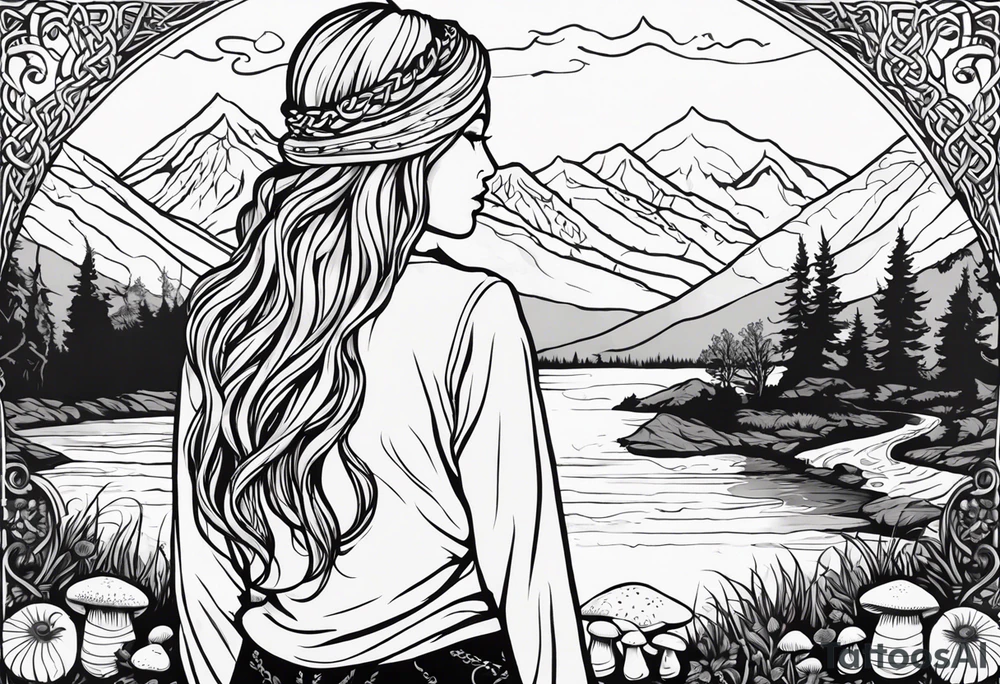 Whole picture encircled fully

Straight long blonde hair hippie girl in distance holding mushrooms in hand facing away toward mountains and creek surrounded by mushrooms long sleeve shirt and hiking pants; whole rendering within a full celtic circle, no cut off circle tattoo idea