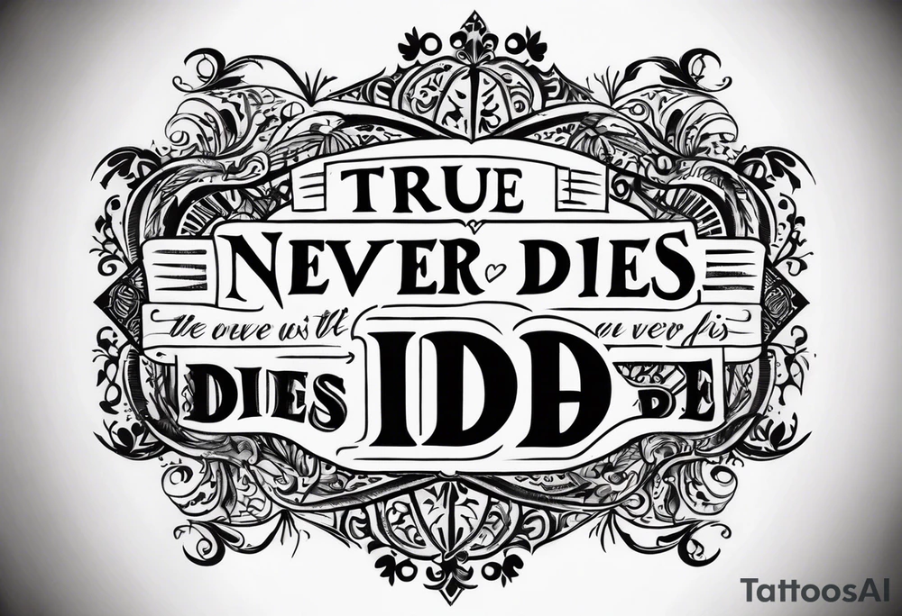 Old scripture lettering true love never dies tattoo idea